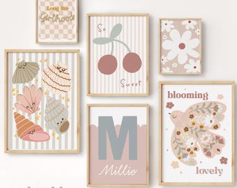 Set of 6 girls dusty pink and sage green gallery wall prints, poster bundle, girl playroom nursery bedroom decor