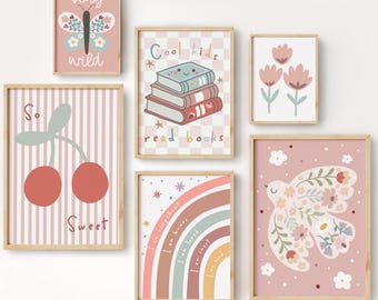 Set of 6 personalised prints in pastel, wildflower art, teen girl nursery bedroom decor, gallery wall print bundle