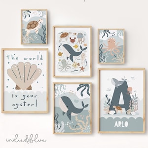 Conjunto de 6 láminas personalizadas de océano en tonos azules pastel, galería de pared neutra para habitación infantil, dormitorio infantil con temática oceánica, láminas de ballenas, dormitorio infantil.