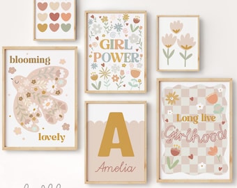 Set of 6 girls personalised positive affirmation gallery wall prints in pastel, flower girl nursery bedroom decor, wildflower poster bundle