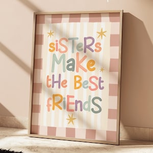Impresión "Las hermanas son las mejores amigas" en tonos pastel, decoración colorida para dormitorio infantil compartido, guardería escandinava, impresión con cita inspiradora.
