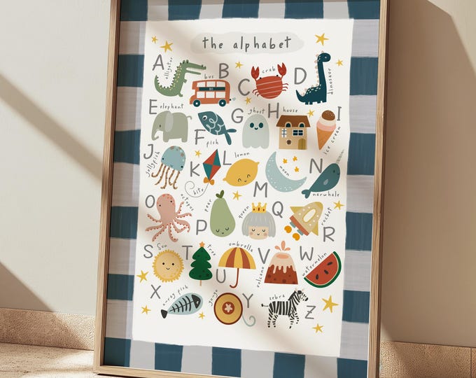 Educational alphabet chart print with navy border, colourful playroom toddler room wall art