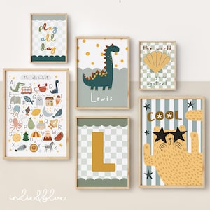 Juego de 6 impresiones de pared de galería personalizadas, pósteres de dinosaurios para dormitorio, decoración colorida para adolescentes y preadolescentes