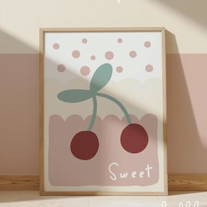 Lindo póster de cereza, estampado de frutas, estampado pastel, decoración de dormitorio de niña, arte de pared para adolescentes