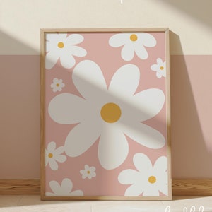 Lindo póster de margaritas en rosa pastel, decoración floral para dormitorio de adolescentes, estampado de flores silvestres, guardería para niñas