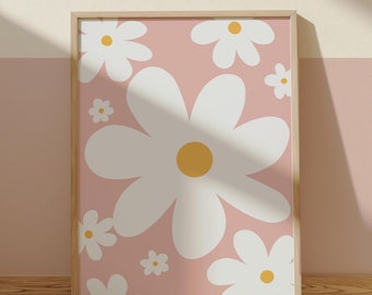 Cute daisy poster in pastel pink, flower teen bedroom decor, wildflower print, girl nursery