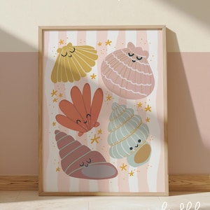 Impresión de conchas marinas de colores, decoración de dormitorio de niña con motivos marinos, impresión de guardería sin marco con motivos marinos, guardería oceánica, dormitorio de adolescente