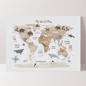 Weltkarte Print, Karte der Tiere, Weltkarte, Poster für Kinder, Skandinavischen Kinder Dekor, Neutral Kinderzimmer, Lernposter, Spielzimmer Drucke, Kinder Wandkunst