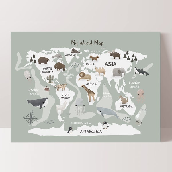 World Map Print, Animal World Map, Kids Poster, Scandi Kids Decor, Neutral Nursery, Educational Poster, Playroom Prints, Kids Wall Art