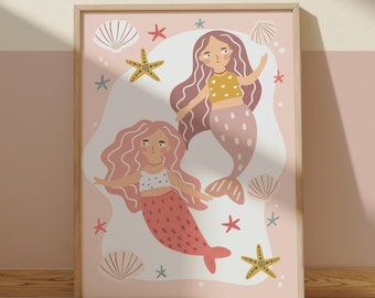 Mermaids and Shells Print in Pink, Under the Sea Nursery Print, Girl Bedroom Decor, Teenager Poster