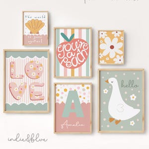 Juego de 6 impresiones de pared personalizadas para galería, en verde pastel y mostaza, con diseño de flores para dormitorio de niña, para adolescentes y preadolescentes, guardería.