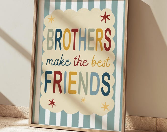 Brothers make the best friends print in blue, yellow and green, stripey kids retro shades bedroom playroom, scandi nursery decor