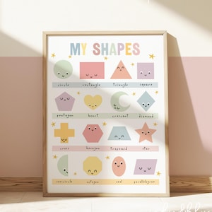 Tableau des formes, impression pastel, affiche sans cadre, décoration de la salle de classe, impression éducative, impressions de salle de jeux Montessori, art scandinave pour enfants