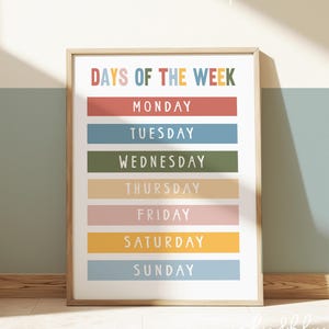 Impression colorée des jours de la semaine aux couleurs de l'arc-en-ciel, affiche d'apprentissage éducative, affiches éducatives neutres montessori pour salle de jeux