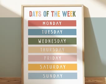 Colourful days of the week print in rainbow colours, educational learning poster, education montessori neutral playroom prints