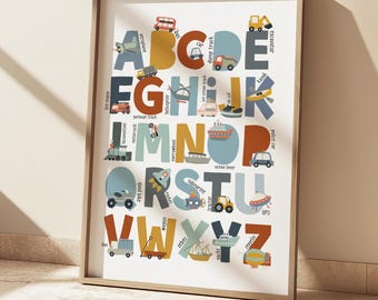 Transport Vehicle Alphabet Print, Scandi Transport Print, Vehicles Educational Poster, Boy Nursery Decor, Scandi Playroom Prints