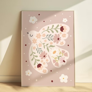 Póster de paloma de la paz, estampado de flores silvestres, estampado de pájaros con flores en tonos pastel, dormitorio infantil de niña, arte para adolescentes y preadolescentes