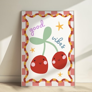 Bonito póster de cerezas en colores brillantes, estampado de frutas, decoración para dormitorio infantil de niña, arte de pared para adolescentes.