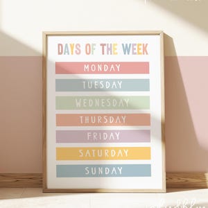 Impresión de los días de la semana en colores pastel, póster educativo de aprendizaje, impresiones neutrales Montessori para salas de juegos.
