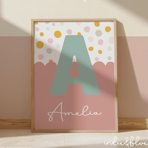Lámina inicial de niña personalizada en rosa y turquesa, decoración de dormitorio de adolescente, láminas para guardería