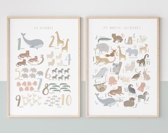 Animal Alphabet and Numbers Print Set in Neutral, Educational Prints, Scandi Nursery, Playroom Prints, Scandi Kids Art