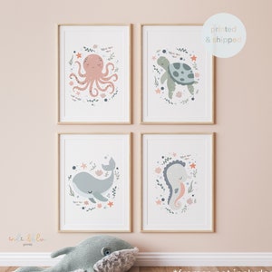 Set of 4 Sea Animals Prints, Sea Nursery, Under the Ocean, Nautical Nursery Print, Scandi Nursery Decor, Playroom Prints, Kids Wall Arts