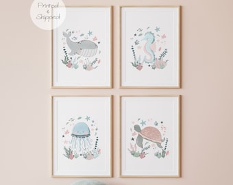 Set of 4 Sea Animals Print, Under the Ocean Print, Nautical Nursery Print, Scandi Nursery Decor, Playroom Prints, Kids Wall Arts