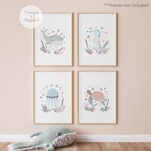 Set of 4 Sea Animals Print, Under the Ocean Print, Nautical Nursery Print, Scandi Nursery Decor, Playroom Prints, Kids Wall Arts