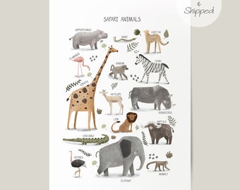 Safari Print, Safari Animals Print, Safari Nursery Art Print, Scandi Nursery Decor, Educational Print, Playroom Prints, Scandi Kids Art