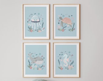 Set of 4 UNFRAMED Sea Animals Prints, Under the Ocean Print, Nautical Nursery Print, Scandi Nursery Decor, Playroom Prints, Kids Wall Arts