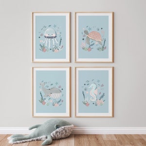 Set of 4 UNFRAMED Sea Animals Prints, Under the Ocean Print, Nautical Nursery Print, Scandi Nursery Decor, Playroom Prints, Kids Wall Arts