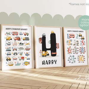3er Set Personalisierte Transport Poster, Fahrzeug Alphabet Druck, Autos Diagramm Druck, Jungen Schlafzimmer Dekor, Spielzimmer Drucke, Scandi Kinder Ar
