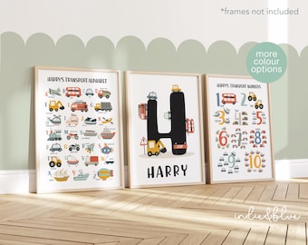 Set of 3 Personalised Transport Posters, Vehicle Alphabet Print, Cars Chart Print, Boy Bedroom Decor, Playroom Prints, Scandi Kids Ar