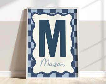 Personalised initial print in navy, retro checkered boy nursery playroom decor, boy bedroom wall art