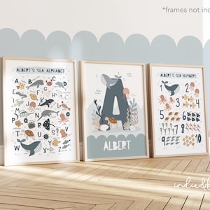 Juego de 3 láminas personalizadas de animales marinos, alfabeto y números de animales marinos, láminas bajo el océano, lámina para habitación de niño.
