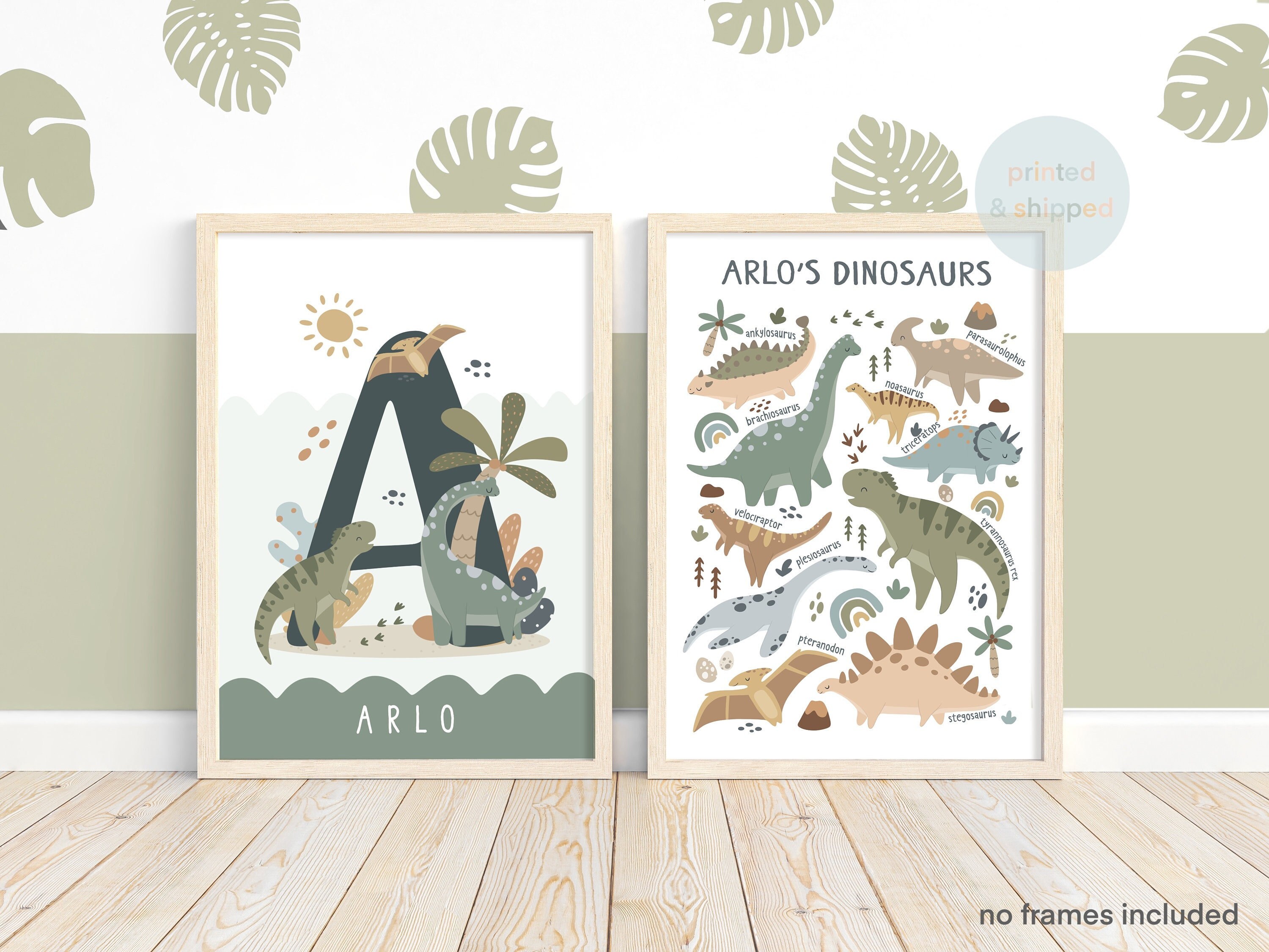 Dinosaurier Print Set, personalisierter Namensdruck, Scandi Kinderzimmer, Spielzimmer Drucke, Scandi Kinder Kunst