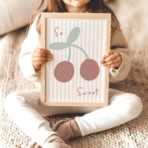 Bonito póster de cereza en tonos pastel, estampado de frutas, decoración para dormitorio infantil de niña, arte mural para adolescentes.