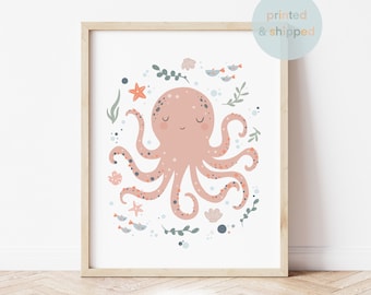 Impresión de pulpo, impresión de animales marinos para guardería, guardería marina, guardería oceánica, impresiones para sala de juegos, arte de pared para niños