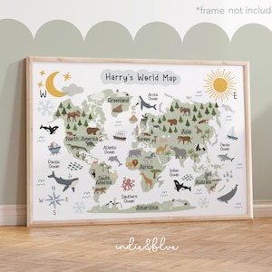 Personalisierte Weltkarte UNGERAHMT, Weltkarte der Tiere, Kinder Poster, Scandi Kinder Dekor, Lernposter, Spielzimmer Drucke, Kinder Wandkunst
