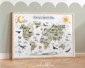 Personalised World Map Print UNFRAMED, Animal World Map, Kids Poster, Scandi Kids Decor, Educational Poster, Playroom Prints, Kids Wall Art