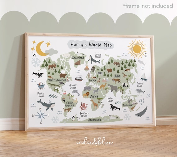 Personalised World Map Print UNFRAMED, Animal World Map, Kids Poster, Scandi Kids Decor, Educational Poster, Playroom Prints, Kids Wall Art