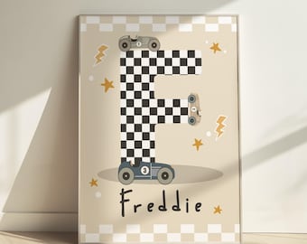 Personalised race car name print in beige, checkered flag initial boy print, boy bedroom decor