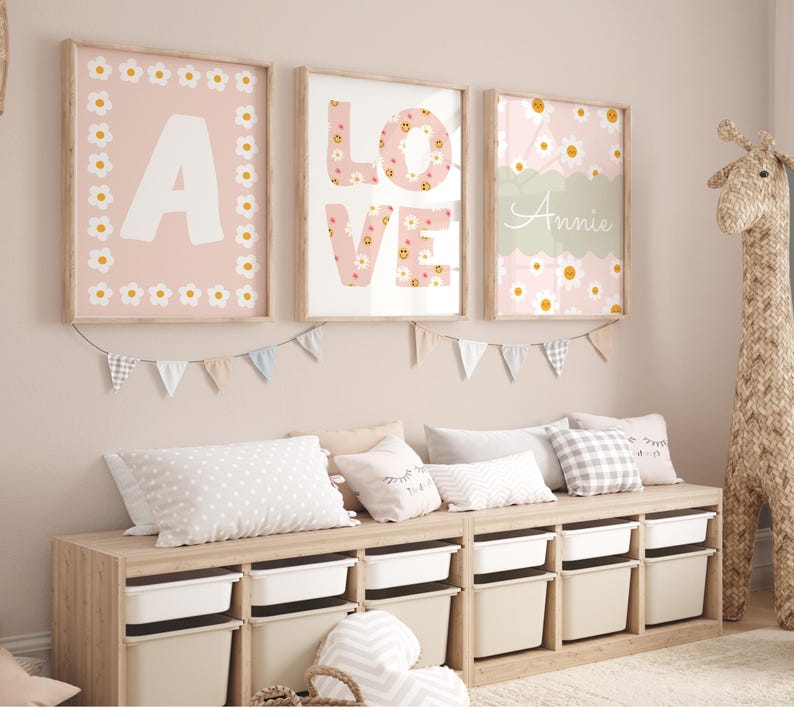 Set of 3 Personalised Flower Prints in Pastel, Wildflower Name Print