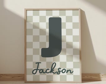 Personalised initial print in sage green, retro checkered boy nursery playroom decor, boy bedroom wall art