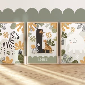Juego de 3 láminas personalizadas de animales de safari, lámina de safari para habitación infantil, lámina de cebra y elefante en la jungla, pósteres neutros para dormitorio, sala de juegos.