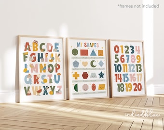 Set of 3 Educational Nursery Prints in Rainbow Colours, Shapes Print, Alphabet and Numbers Chart, Neutral Nursery Decor, Playroom Prints