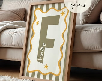 Personalised retro stripey initial print for boys, colourful children’s bedroom decor, boy bedroom wall art