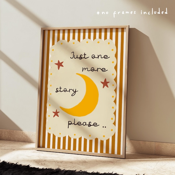 Just one more story print, night time story time, book corner art, colourful children’s bedroom decor, nursery, playroom wall art