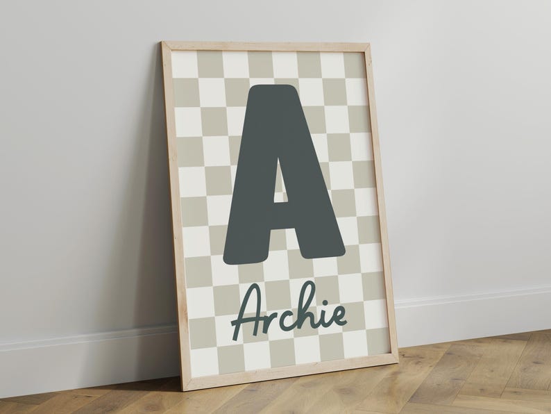 Archie In Cursive Personalised Initial Print in Sage Green, Retro Checkered Boy Nursery ...