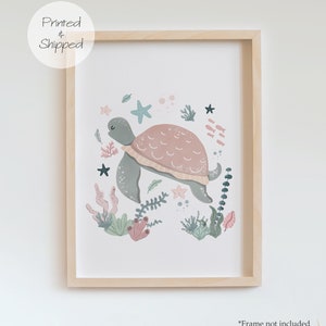 May include: A digital illustration of a pink and grey turtle swimming in a coral reef. The turtle is surrounded by coral, seaweed, starfish, and fish.
